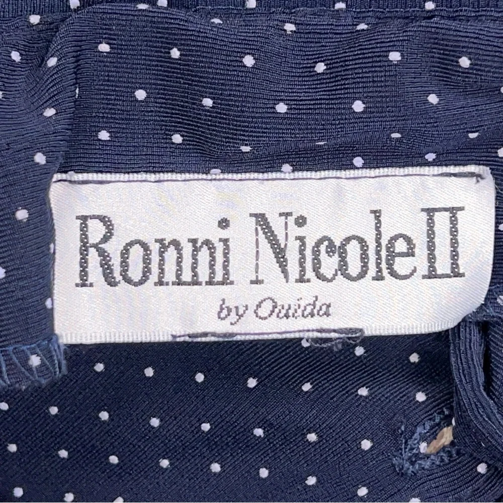 Vintage Medium Ronni Nicole Blue White Dot Print Short Sleeve Stretch Retro